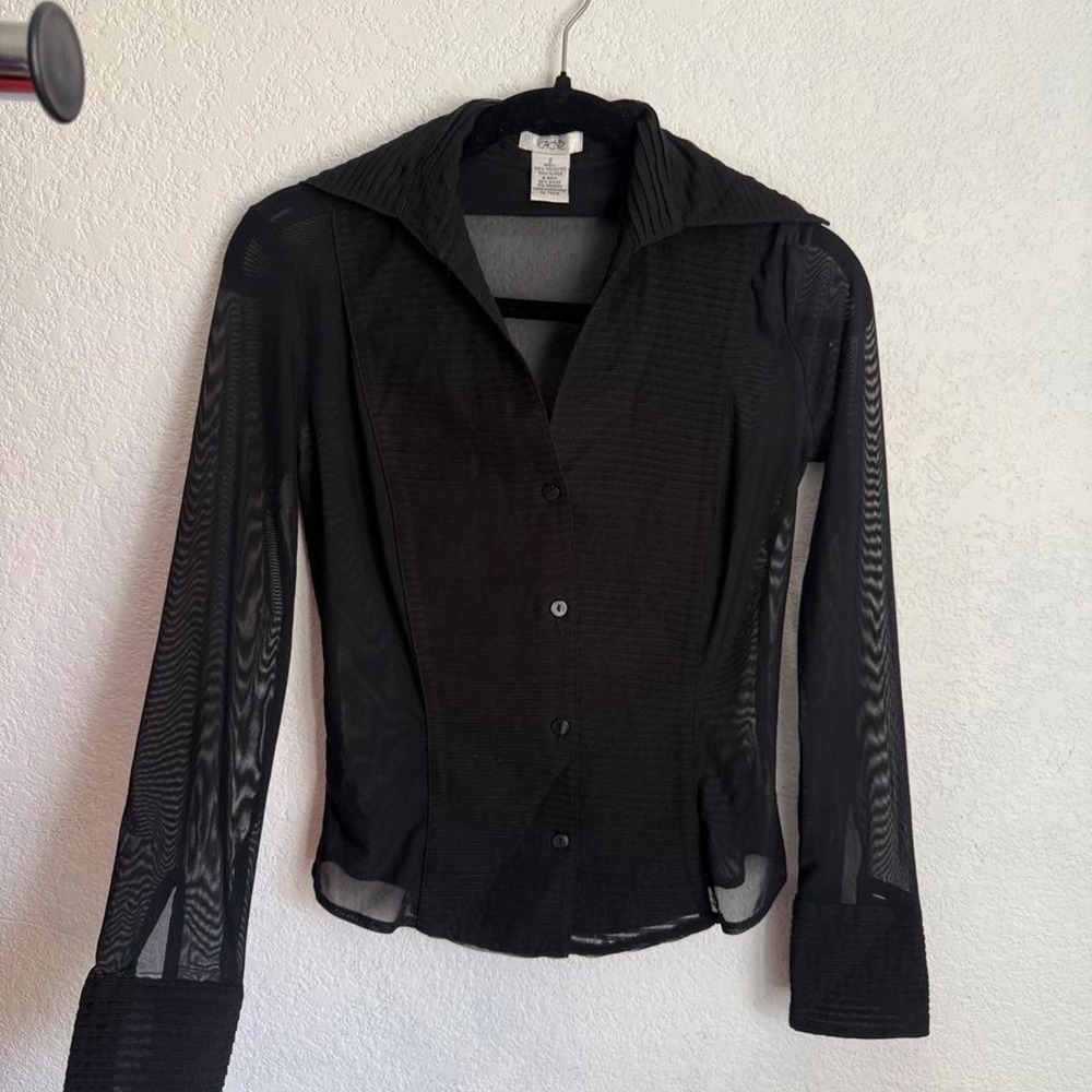 Y2K Black Sheer Mesh Button Up Blouse Fitted Corporate Siren Goth Size 2